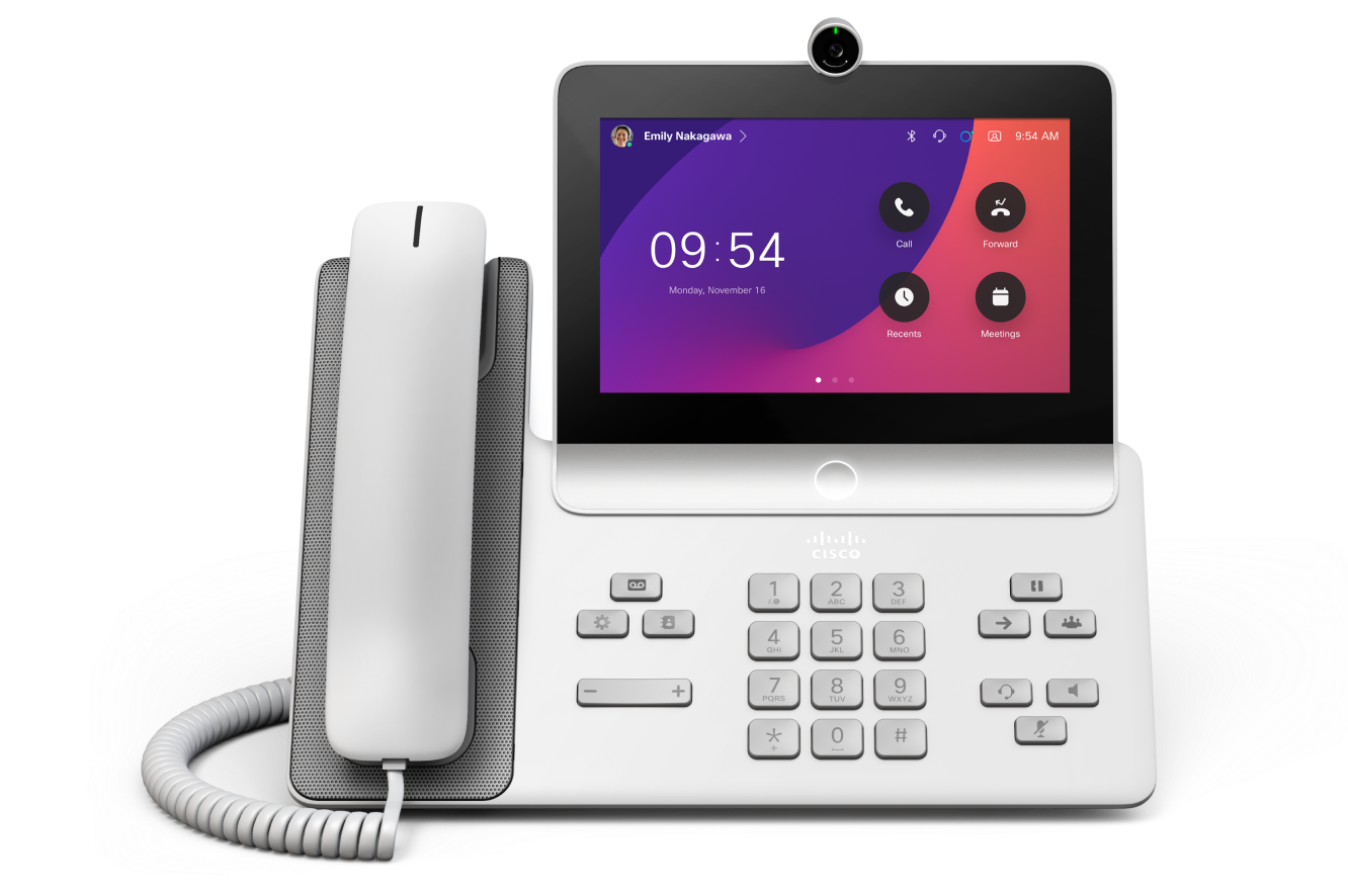 The Cisco Video Phone 8875 in the First Light color (white). Screen shows time of 9:54 and apps like Meetings and Call.